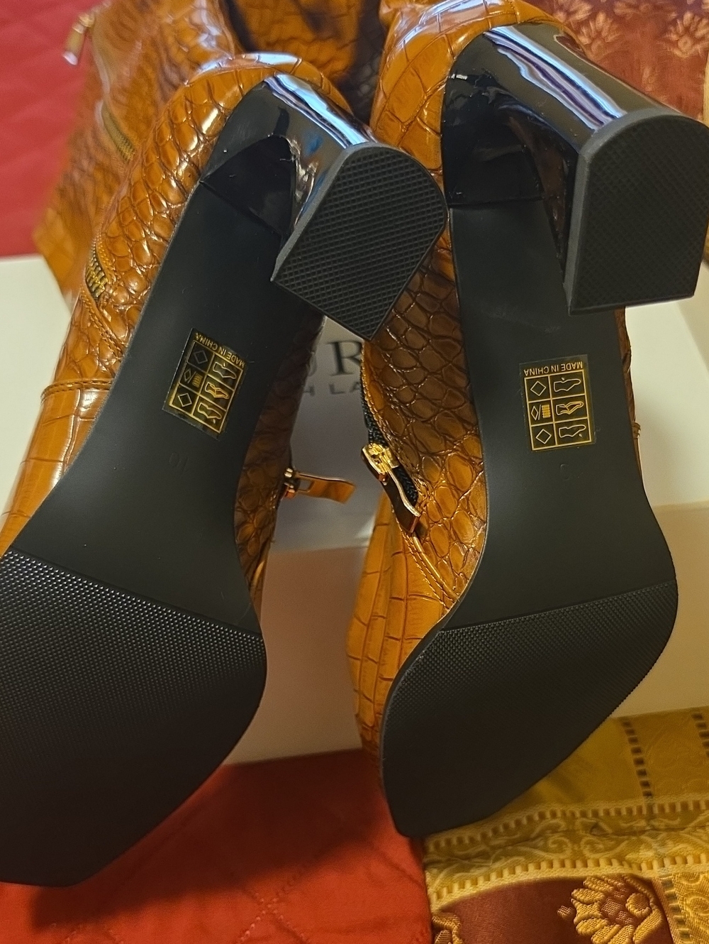 Croc-Embossed Mid-Calf Heeled Boots in Cognac